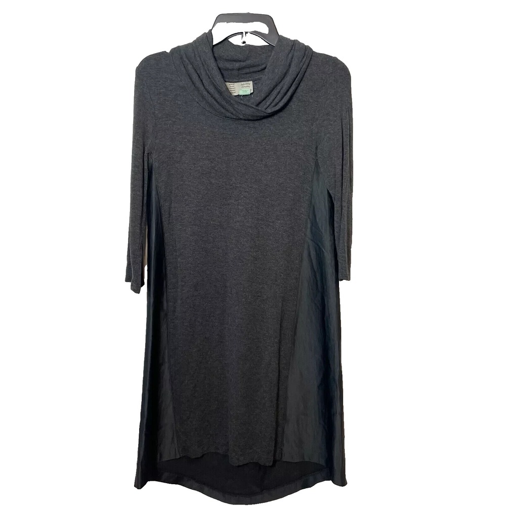 Saturday Sunday Cowl‎ Neck Shift Dress XS Gray Satin Back 3/4 Sleeve High Low
